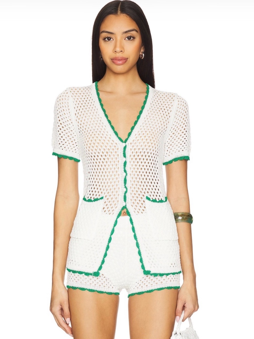 superdown White & Green Crochet V-Neck Knit SET